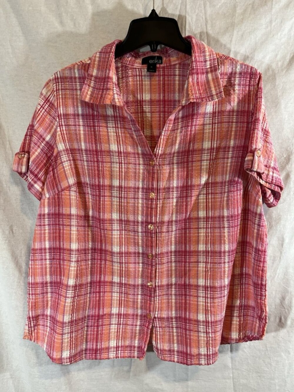 Erika Women’s 1X Pink Plaid Short Sleeve Button Up Cotton Blouse